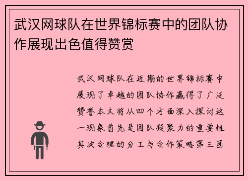 武汉网球队在世界锦标赛中的团队协作展现出色值得赞赏
